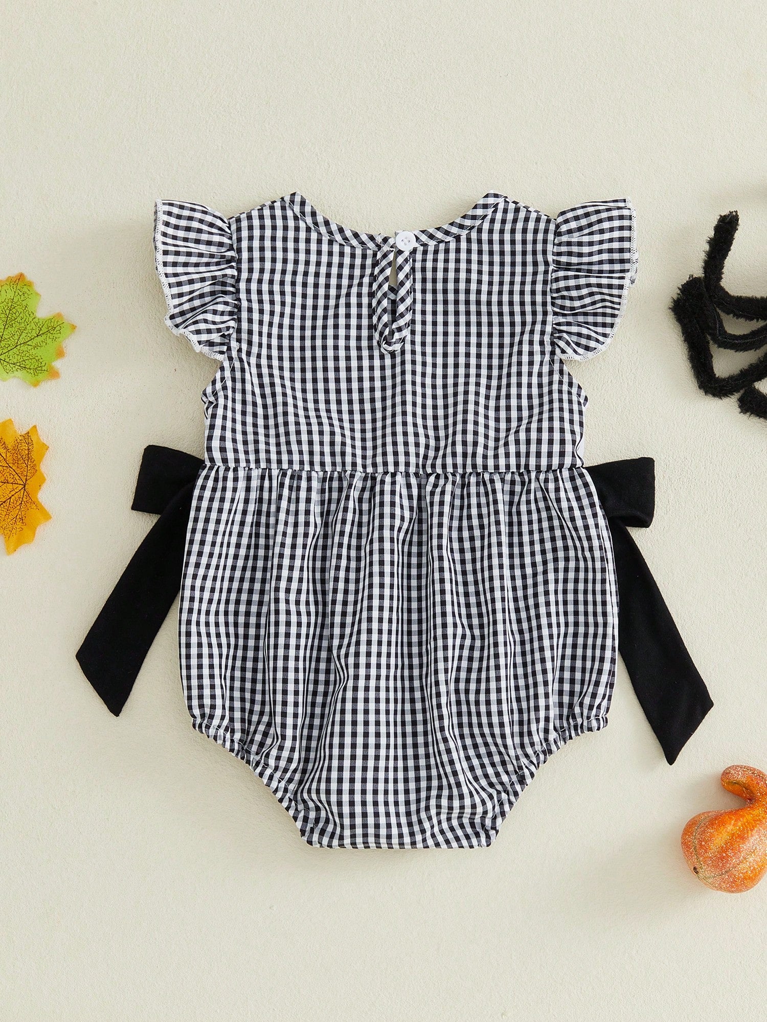 Baby Girl Halloween Clothes Pumpkin Ghost Embroidery Plaid Print Flutter Sleeve Bubble Romper Fall Photoshoot Outfit