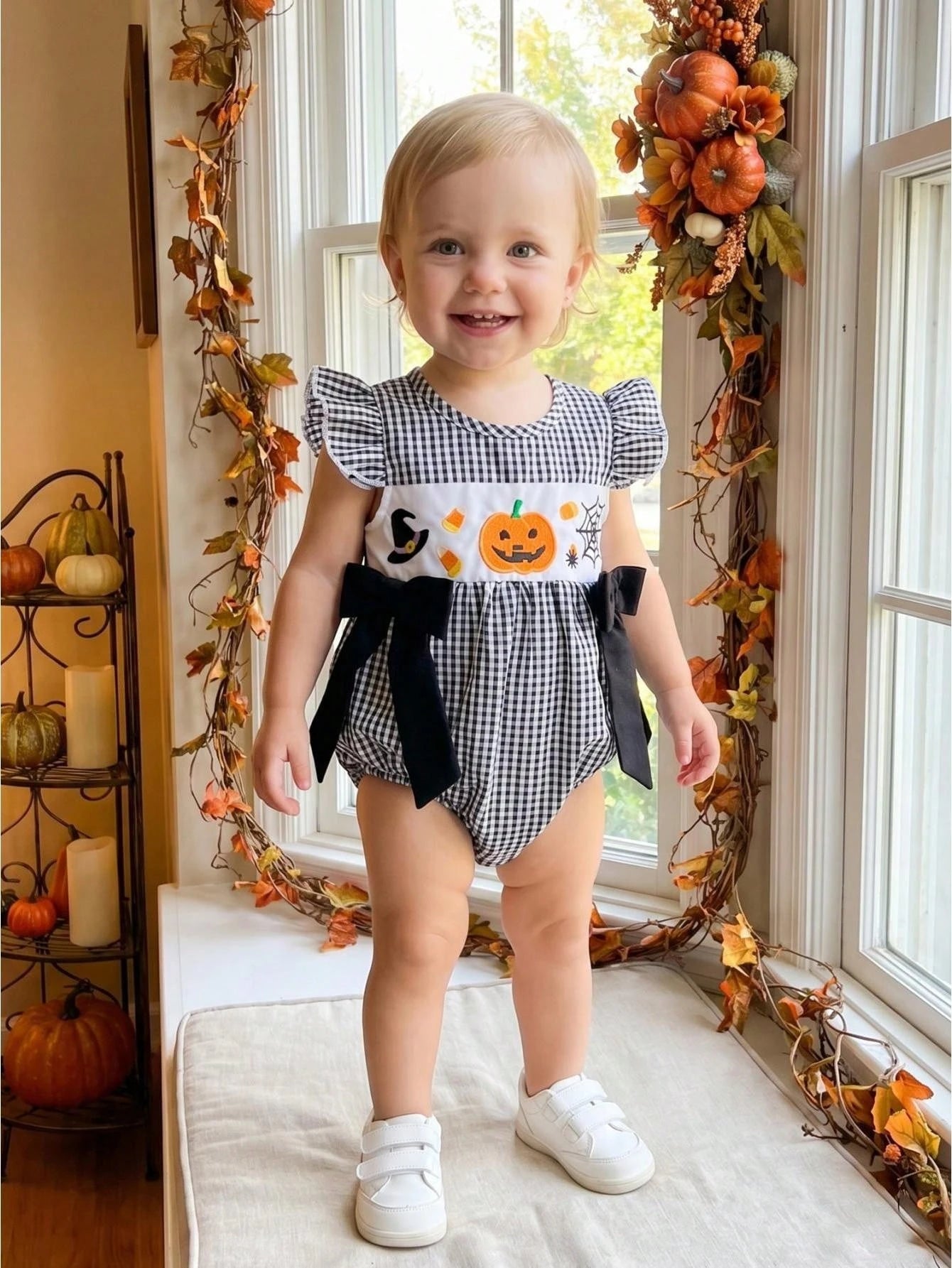 Baby Girl Halloween Clothes Pumpkin Ghost Embroidery Plaid Print Flutter Sleeve Bubble Romper Fall Photoshoot Outfit