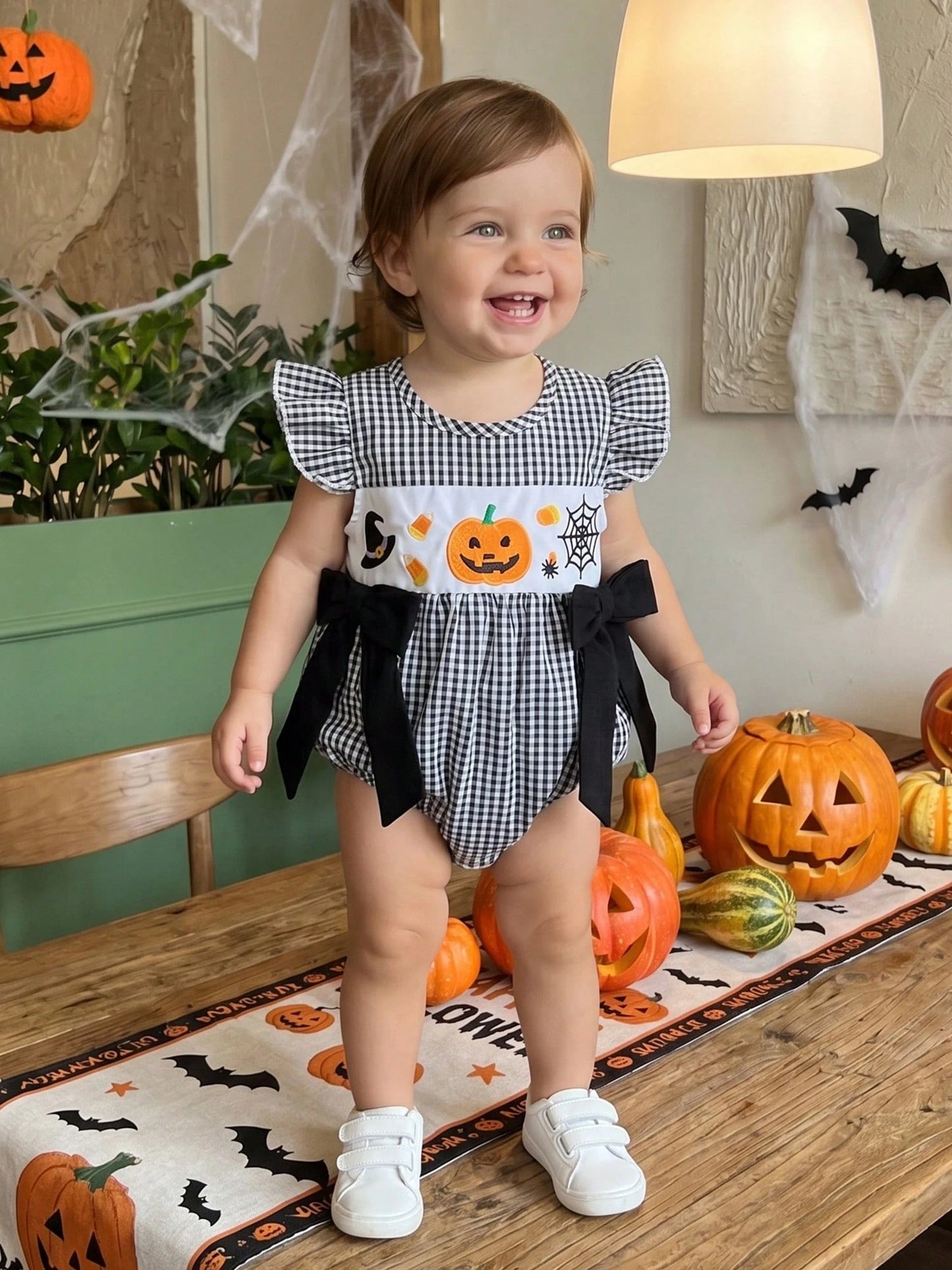 Baby Girl Halloween Clothes Pumpkin Ghost Embroidery Plaid Print Flutter Sleeve Bubble Romper Fall Photoshoot Outfit