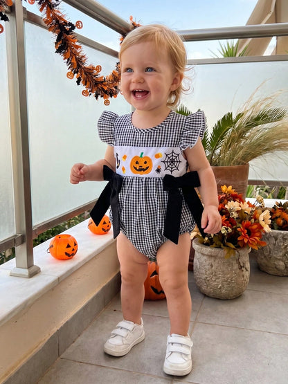 Baby Girl Halloween Clothes Pumpkin Ghost Embroidery Plaid Print Flutter Sleeve Bubble Romper Fall Photoshoot Outfit