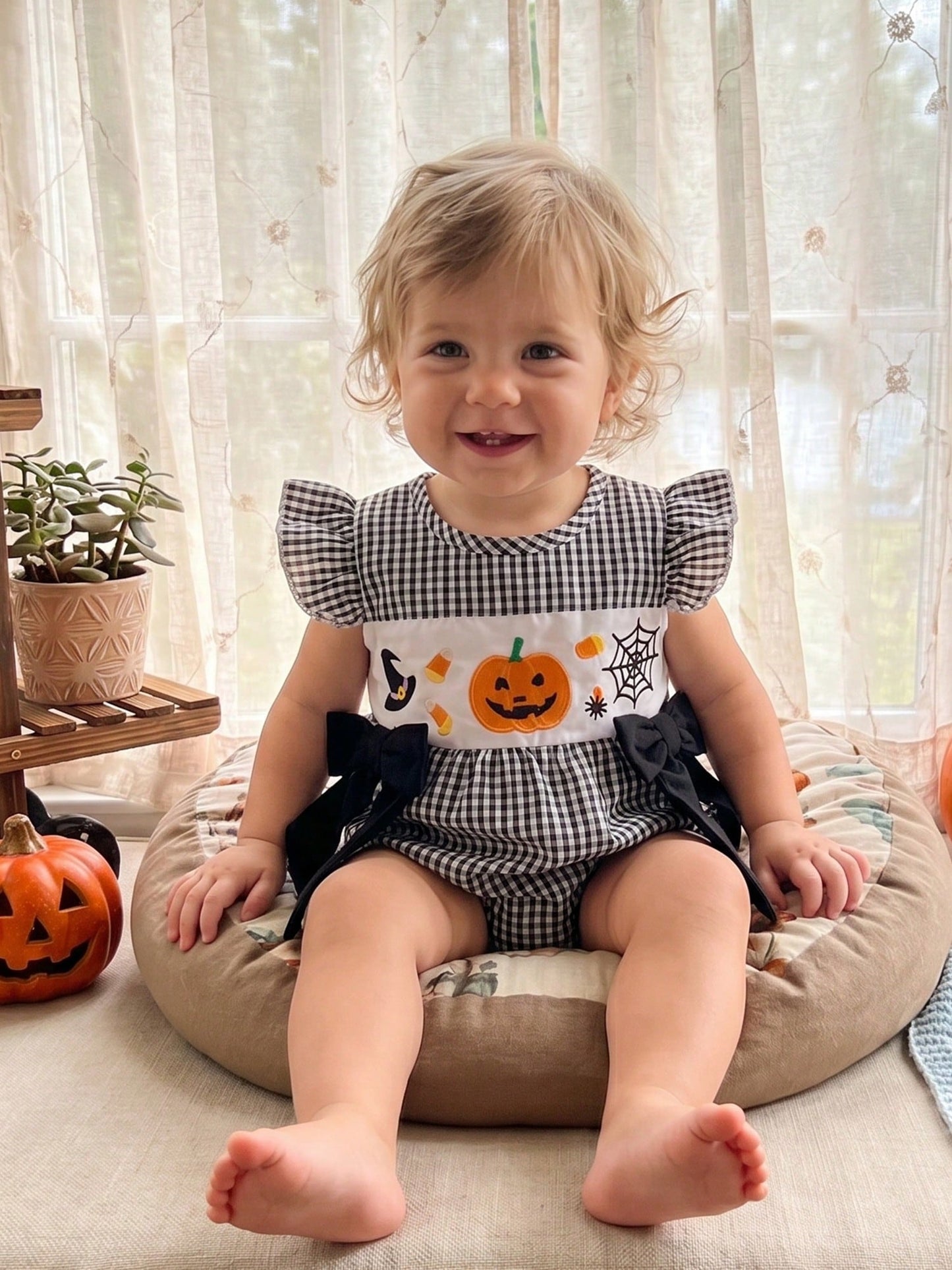 Baby Girl Halloween Clothes Pumpkin Ghost Embroidery Plaid Print Flutter Sleeve Bubble Romper Fall Photoshoot Outfit