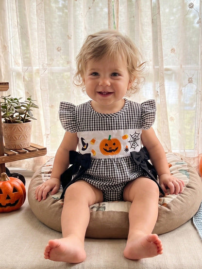 Baby Girl Halloween Clothes Pumpkin Ghost Embroidery Plaid Print Flutter Sleeve Bubble Romper Fall Photoshoot Outfit