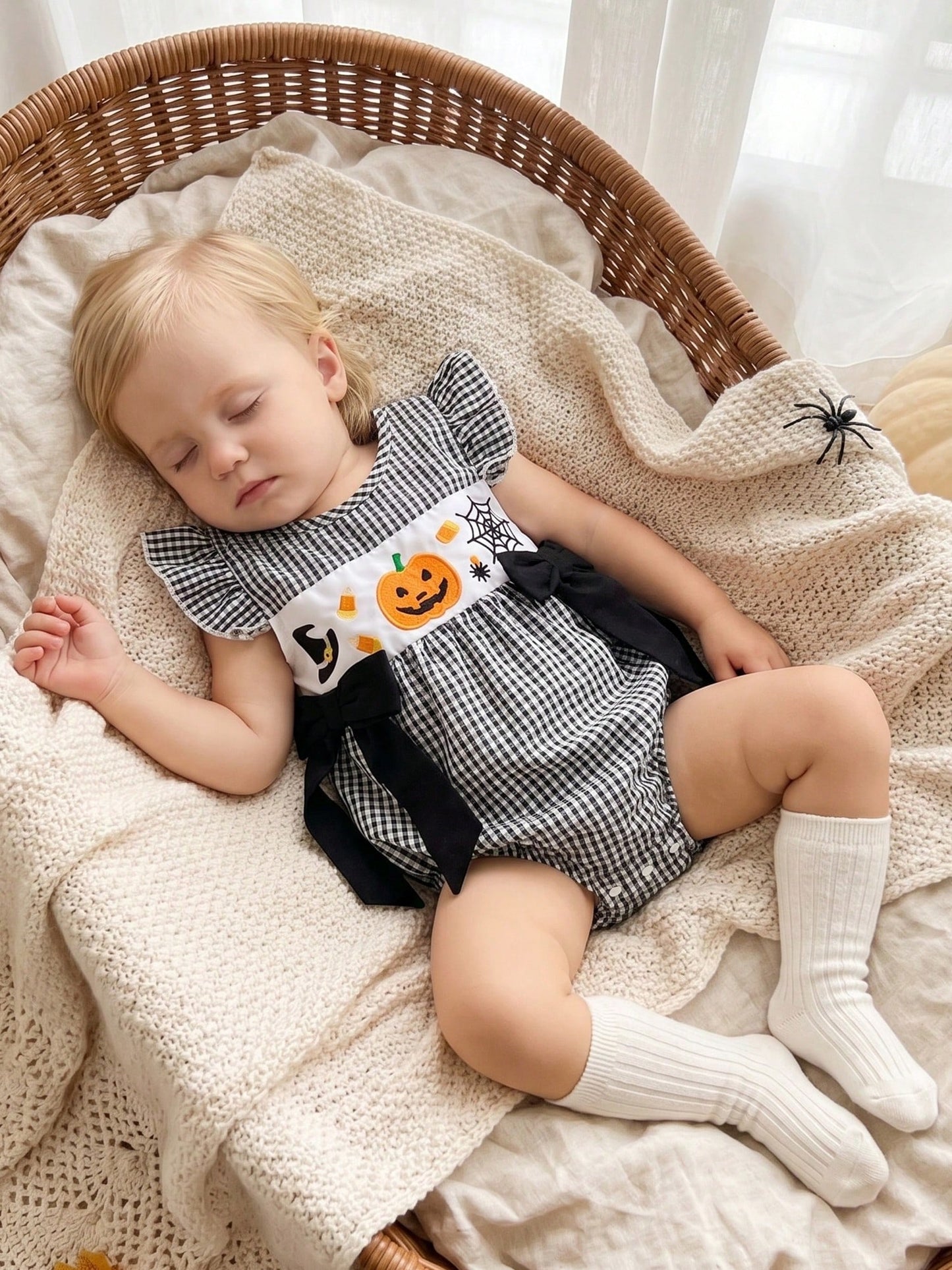 Baby Girl Halloween Clothes Pumpkin Ghost Embroidery Plaid Print Flutter Sleeve Bubble Romper Fall Photoshoot Outfit