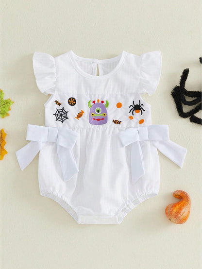 Baby Girl Halloween Clothes Pumpkin Ghost Embroidery Plaid Print Flutter Sleeve Bubble Romper Fall Photoshoot Outfit