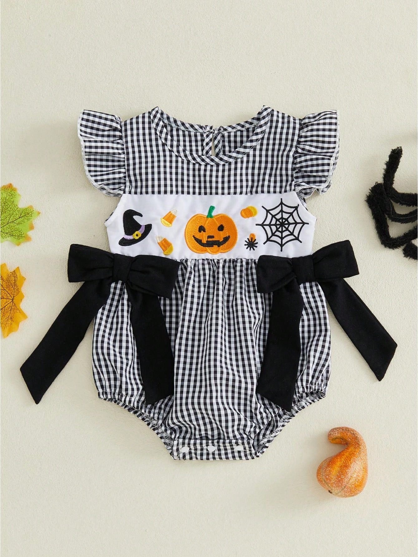 Baby Girl Halloween Clothes Pumpkin Ghost Embroidery Plaid Print Flutter Sleeve Bubble Romper Fall Photoshoot Outfit