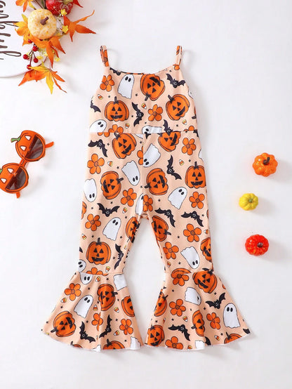 Baby Girl Halloween Funny Bow-Knot Pumpkin Print Orange Jumpsuit, Breathable & Comfortable Halloween Series