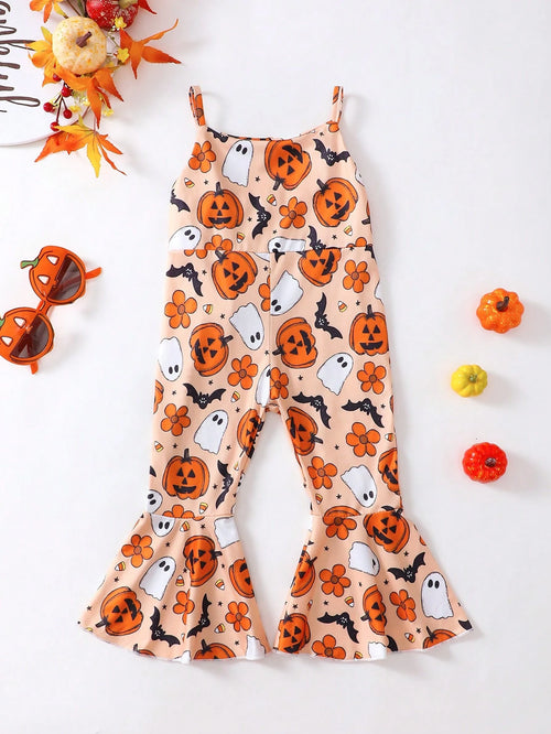 Baby Girl Halloween Funny Bow-Knot Pumpkin Print Orange Jumpsuit, Breathable & Comfortable Halloween Series