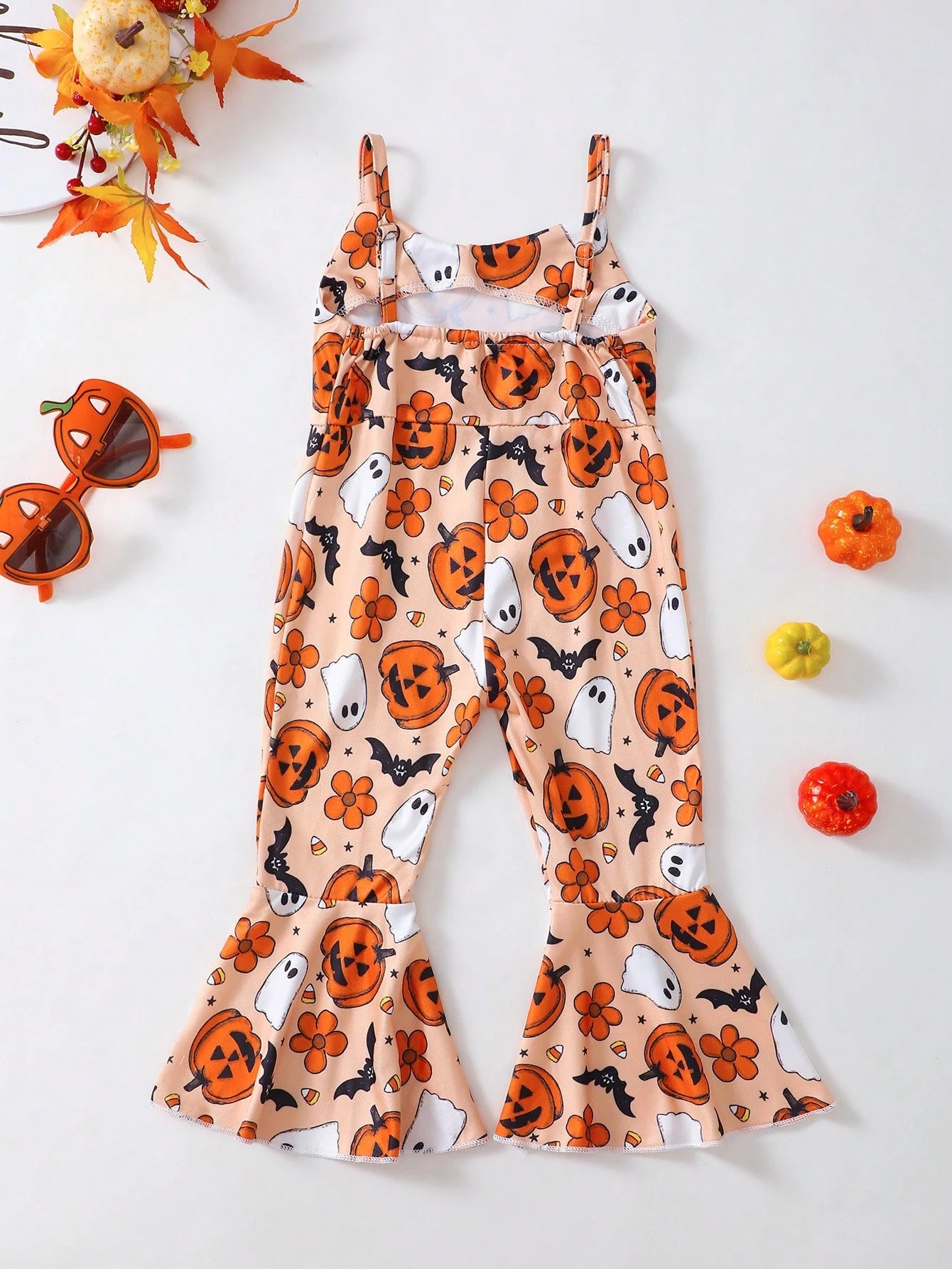 Baby Girl Halloween Funny Bow-Knot Pumpkin Print Orange Jumpsuit, Breathable & Comfortable Halloween Series