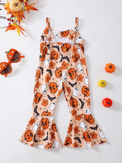 Baby Girl Halloween Funny Bow-Knot Pumpkin Print Orange Jumpsuit, Breathable & Comfortable Halloween Series