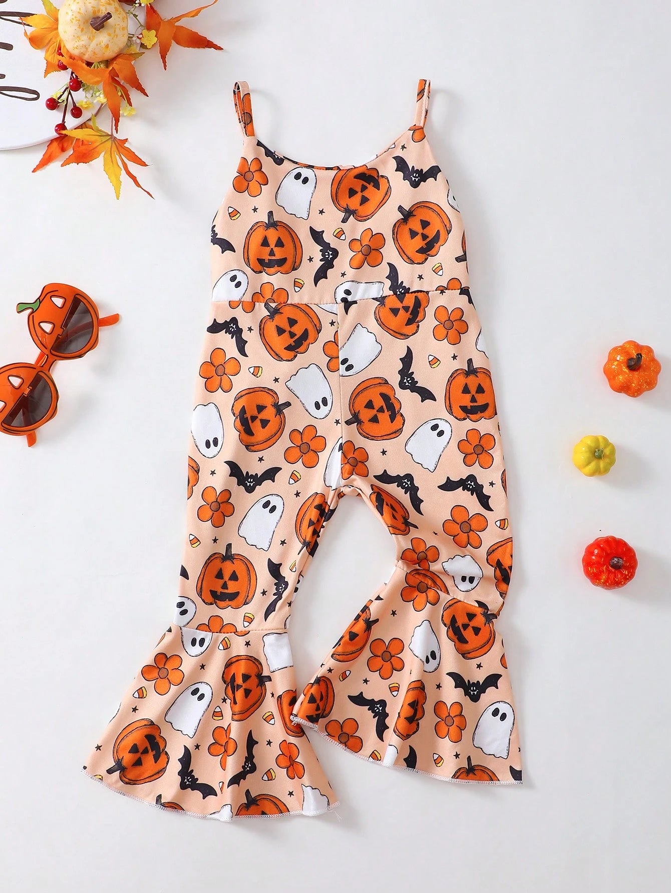 Baby Girl Halloween Funny Bow-Knot Pumpkin Print Orange Jumpsuit, Breathable & Comfortable Halloween Series