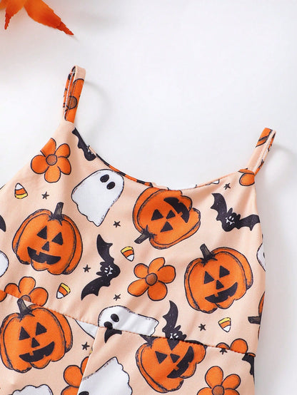 Baby Girl Halloween Funny Bow-Knot Pumpkin Print Orange Jumpsuit, Breathable & Comfortable Halloween Series