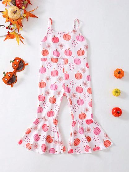 Baby Girl Halloween Funny Bow-Knot Pumpkin Print Orange Jumpsuit, Breathable & Comfortable Halloween Series