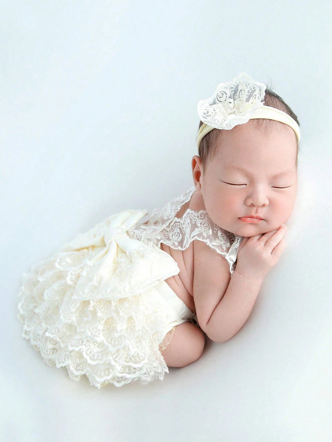 Baby Girl Newborn Contrast Lace Bow Back Bodysuit & Headband Photography Prop