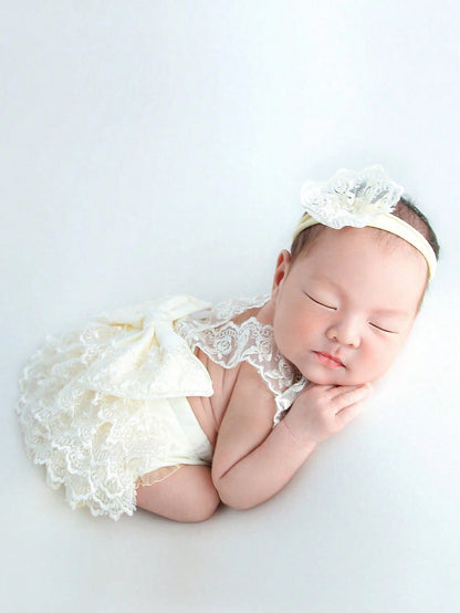 Baby Girl Newborn Contrast Lace Bow Back Bodysuit & Headband Photography Prop