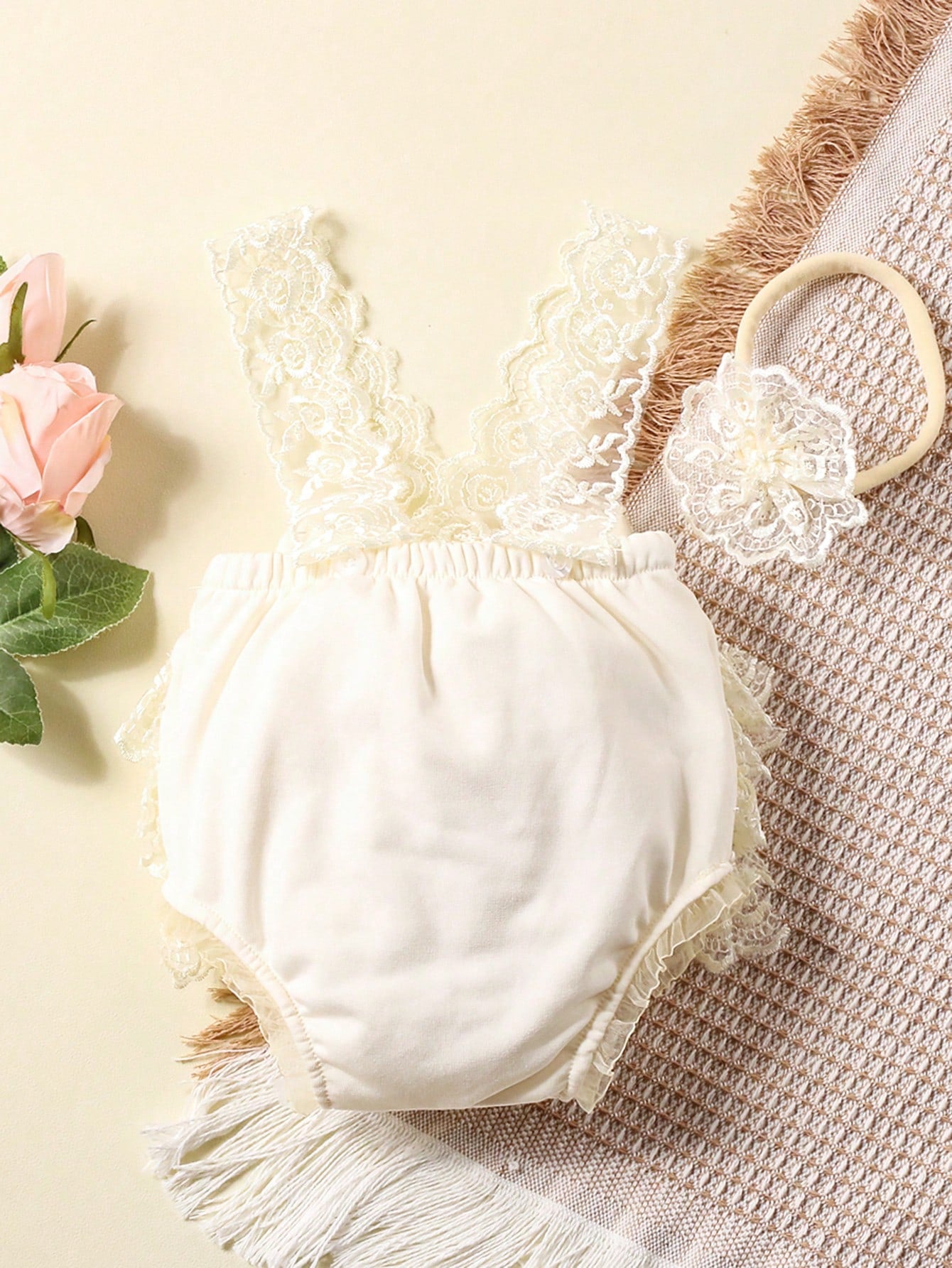 Baby Girl Newborn Contrast Lace Bow Back Bodysuit & Headband Photography Prop