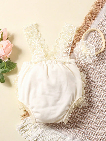 Baby Girl Newborn Contrast Lace Bow Back Bodysuit & Headband Photography Prop