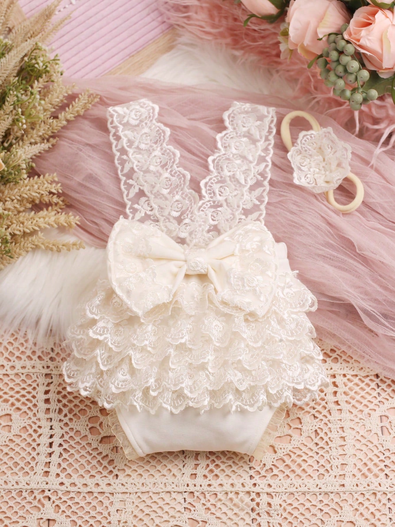 Baby Girl Newborn Contrast Lace Bow Back Bodysuit & Headband Photography Prop