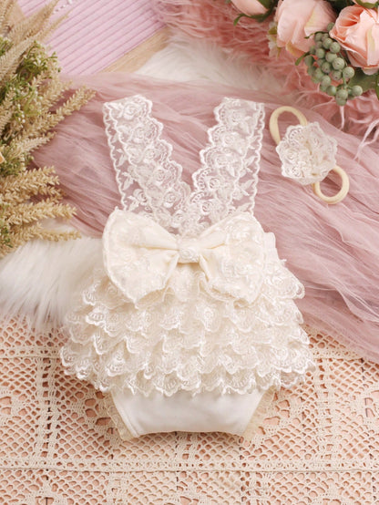 Baby Girl Newborn Contrast Lace Bow Back Bodysuit & Headband Photography Prop