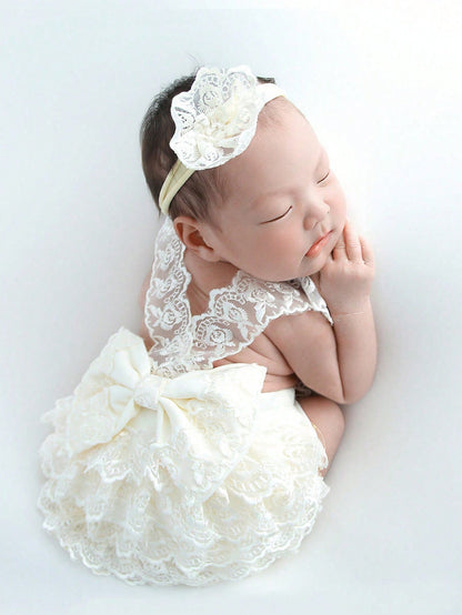 Baby Girl Newborn Contrast Lace Bow Back Bodysuit & Headband Photography Prop