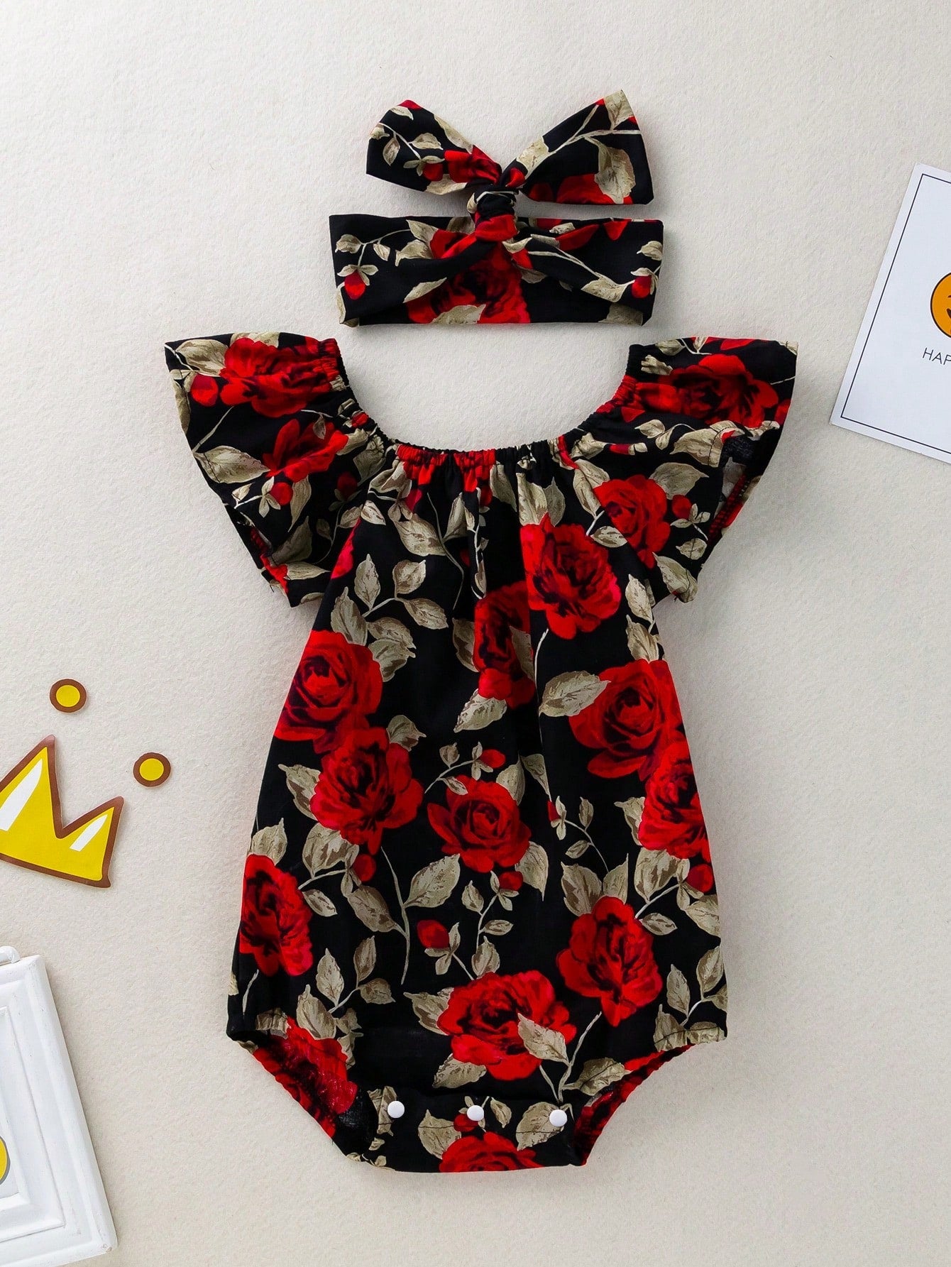 Baby Girl Vintage Rose Pattern Cap Sleeve Bodysuit With Headband