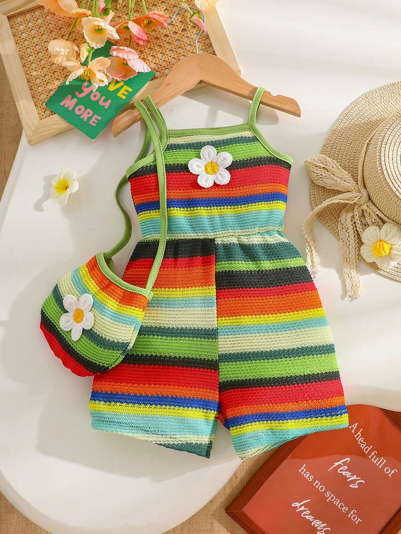 Baby GirlCasual Vacation Style, Fashionable Sweet Cute, Floral Striped Strap Romper With Bag