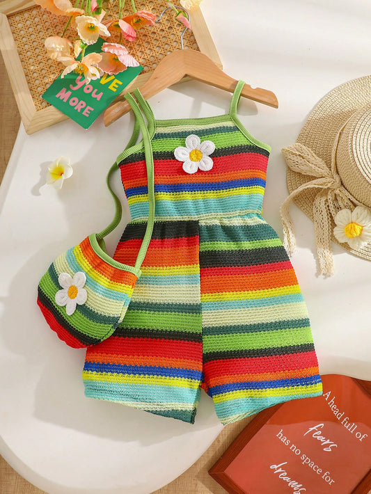 Baby GirlCasual Vacation Style, Fashionable Sweet Cute, Floral Striped Strap Romper With Bag