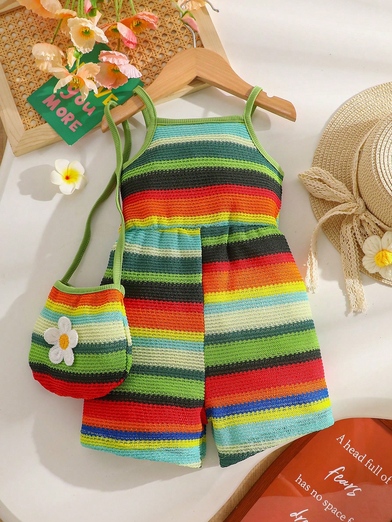 Baby GirlCasual Vacation Style, Fashionable Sweet Cute, Floral Striped Strap Romper With Bag