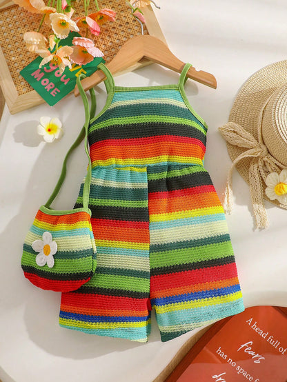 Baby GirlCasual Vacation Style, Fashionable Sweet Cute, Floral Striped Strap Romper With Bag