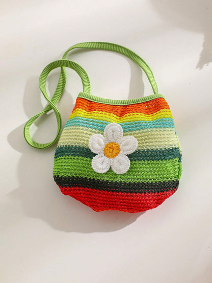 Baby GirlCasual Vacation Style, Fashionable Sweet Cute, Floral Striped Strap Romper With Bag