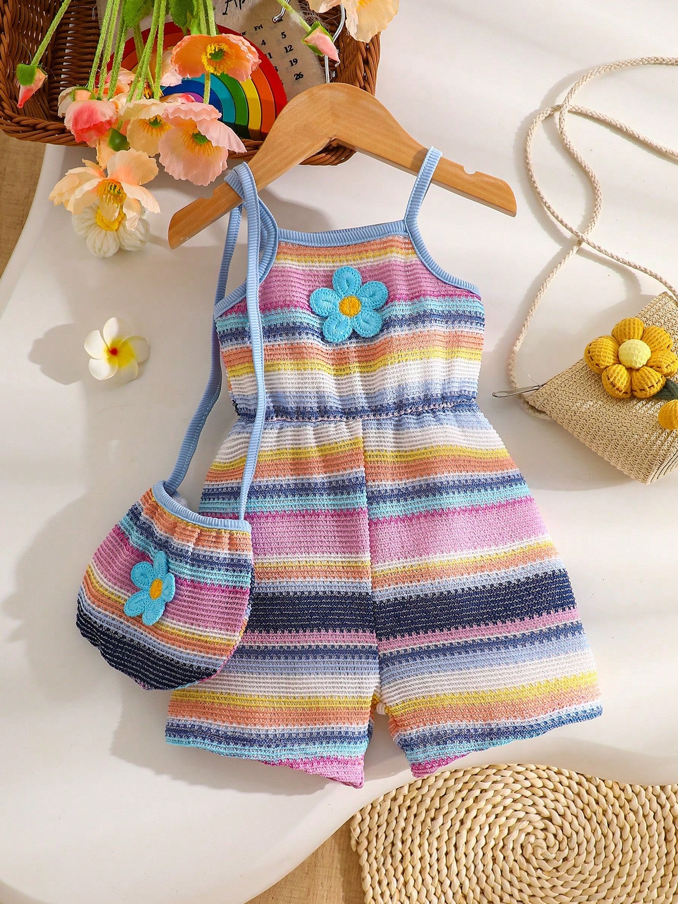 Baby GirlCasual Vacation Style, Fashionable Sweet Cute, Floral Striped Strap Romper With Bag