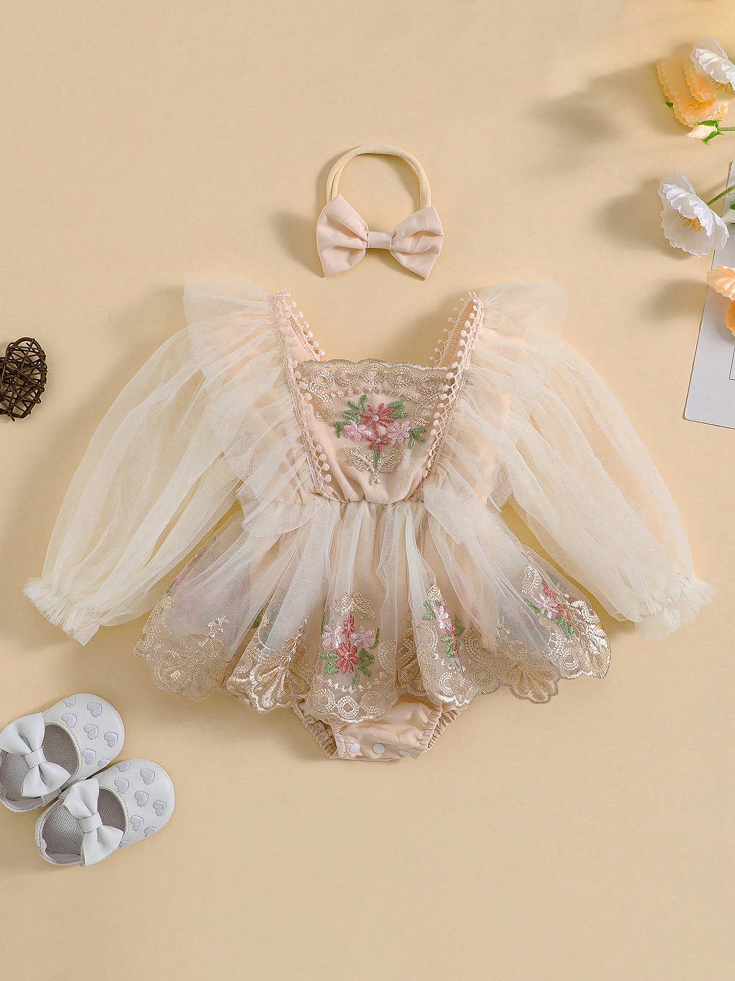 Baby Girls Autumn Romper Dress Long Sleeve Floral Embroidery Tulle Patchwork Romper With Headband