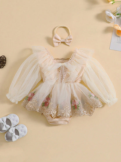 Baby Girls Autumn Romper Dress Long Sleeve Floral Embroidery Tulle Patchwork Romper With Headband