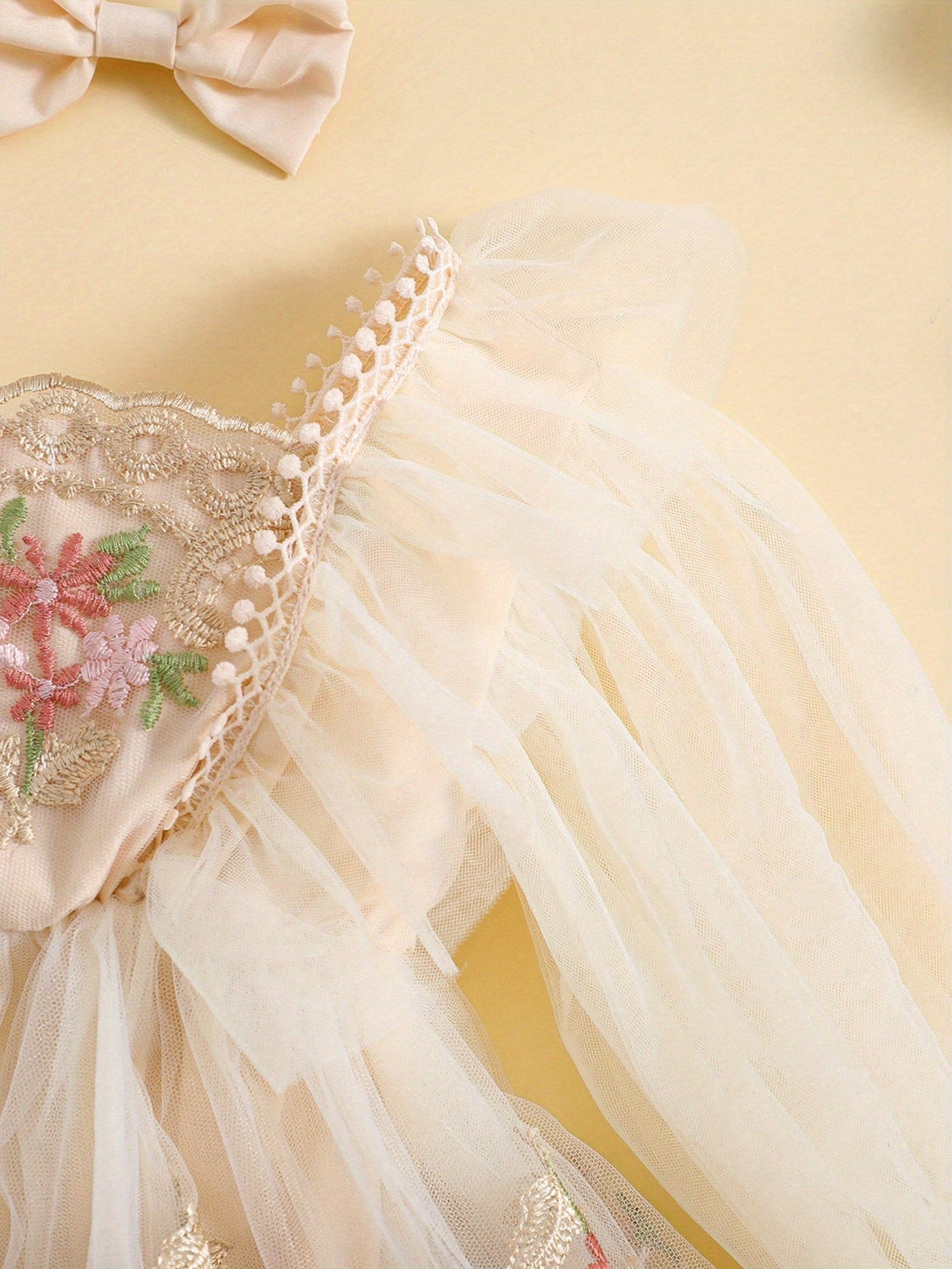 Baby Girls Autumn Romper Dress Long Sleeve Floral Embroidery Tulle Patchwork Romper With Headband