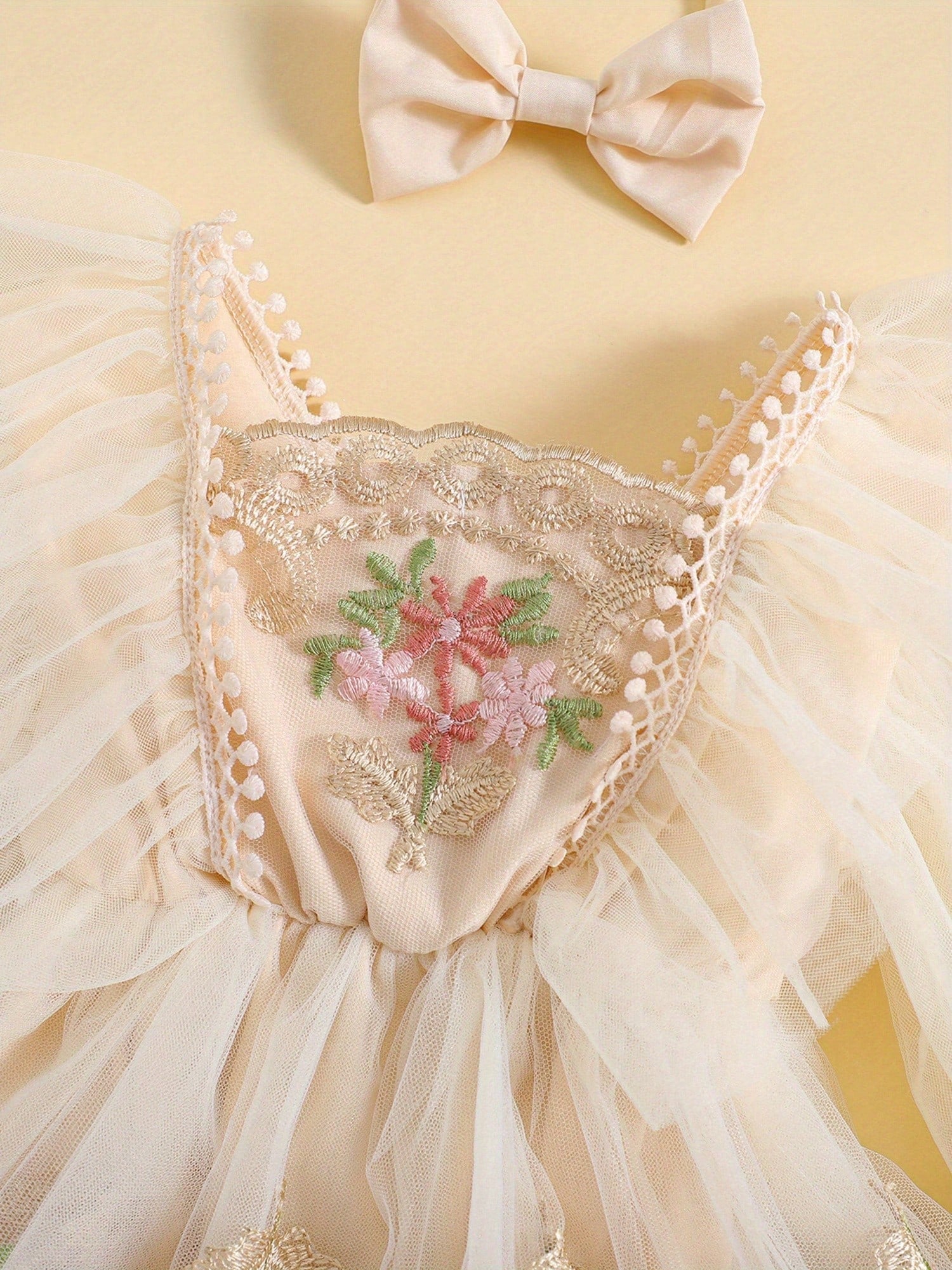 Baby Girls Autumn Romper Dress Long Sleeve Floral Embroidery Tulle Patchwork Romper With Headband