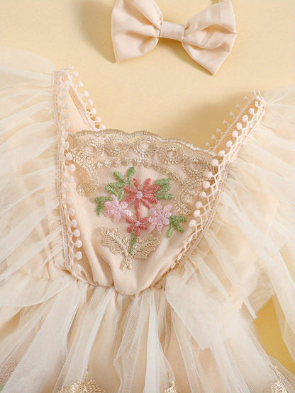 Baby Girls Autumn Romper Dress Long Sleeve Floral Embroidery Tulle Patchwork Romper With Headband