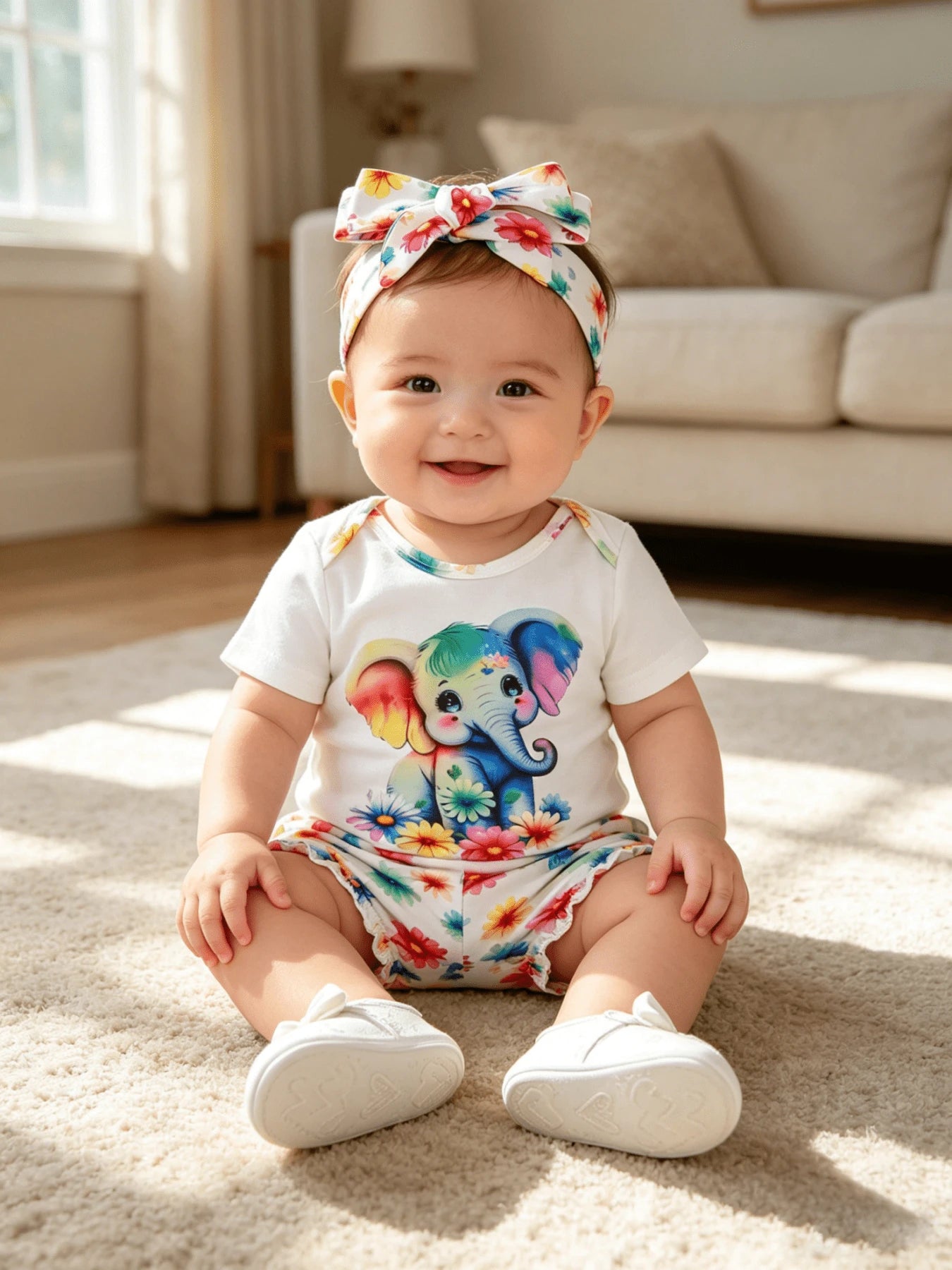 Baby Girls Cartoon Elephant & Floral Print Short Sleeve Bodysuit And Shorts Casual 2-Piece Set