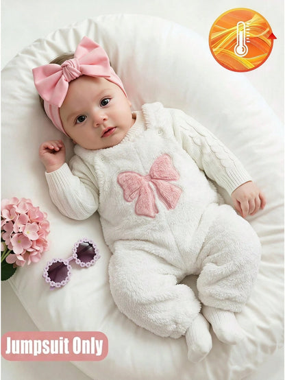 Baby Girls Pink And White Polka Dot Fuzzy Overalls Big Bow Embroidery Infant Autumn/Winter Outdoor Photoshoot Romper Cozy Newborn Footed Jumpsuit Cute
