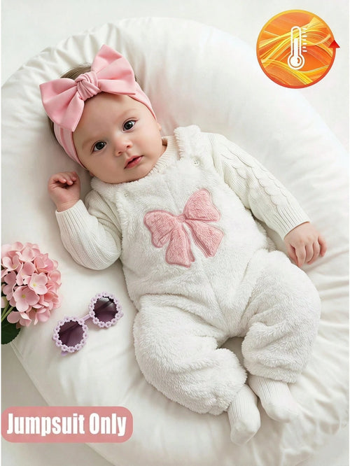 Baby Girls Pink And White Polka Dot Fuzzy Overalls Big Bow Embroidery Infant Autumn/Winter Outdoor Photoshoot Romper Cozy Newborn Footed Jumpsuit Cute