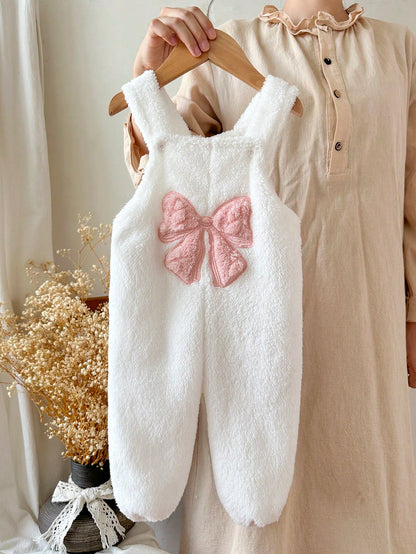 Baby Girls Pink And White Polka Dot Fuzzy Overalls Big Bow Embroidery Infant Autumn/Winter Outdoor Photoshoot Romper Cozy Newborn Footed Jumpsuit Cute