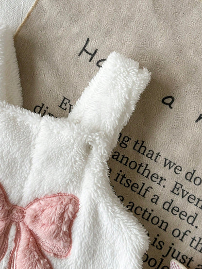 Baby Girls Pink And White Polka Dot Fuzzy Overalls Big Bow Embroidery Infant Autumn/Winter Outdoor Photoshoot Romper Cozy Newborn Footed Jumpsuit Cute