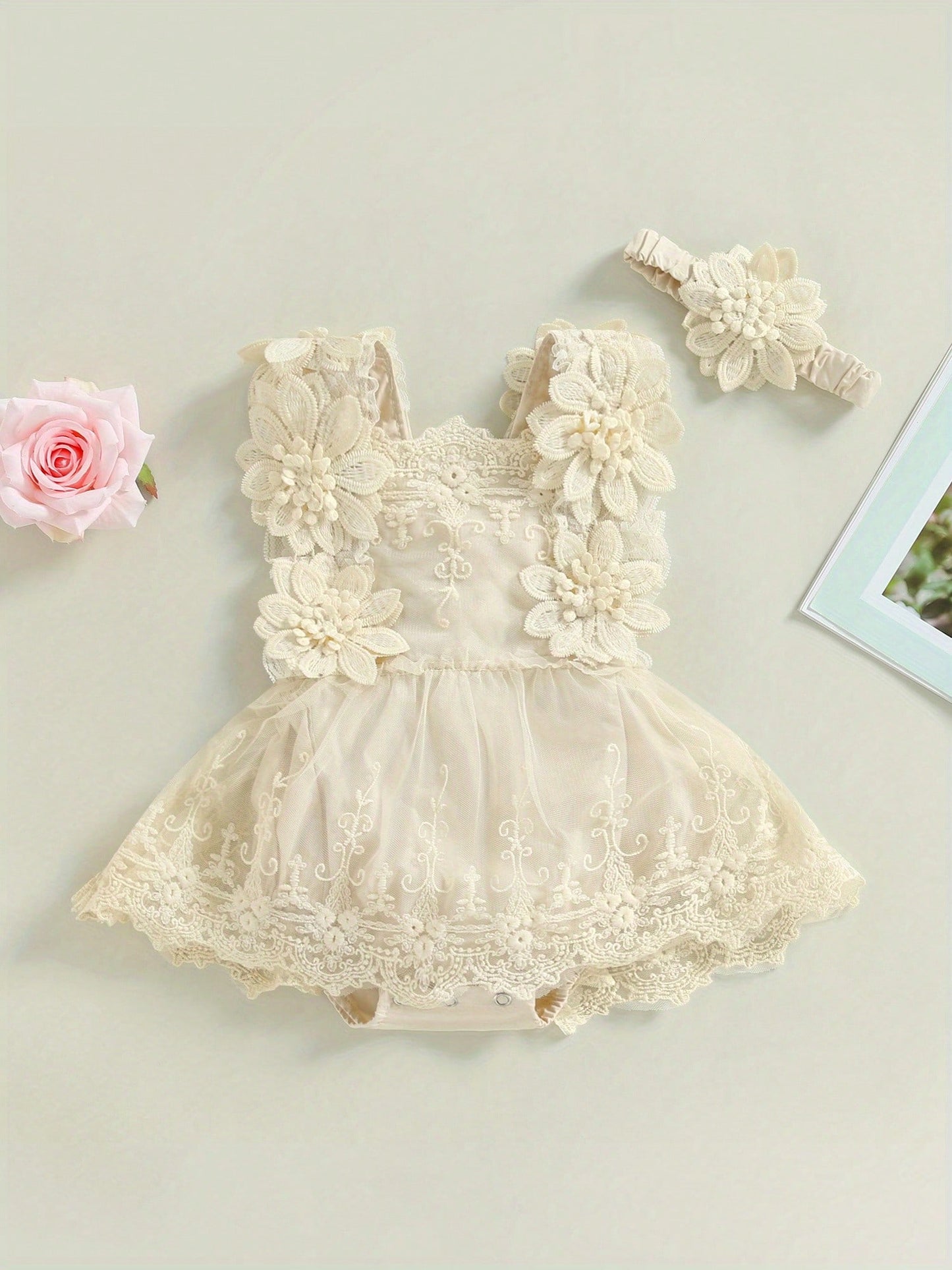Baby Girls Romper, Summer Sleeveless Square Neck Floral Lace Casual Party Street Bodysuit Tops + Head Band