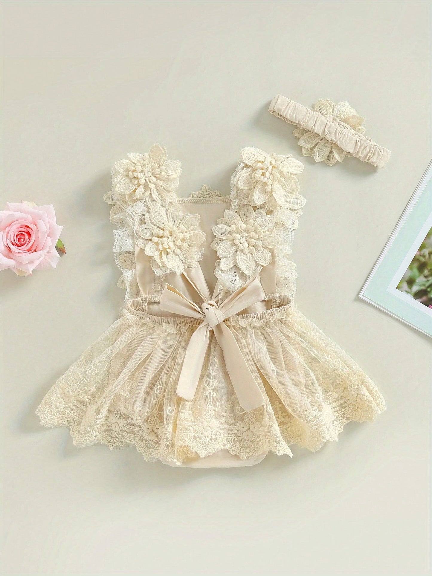 Baby Girls Romper, Summer Sleeveless Square Neck Floral Lace Casual Party Street Bodysuit Tops + Head Band