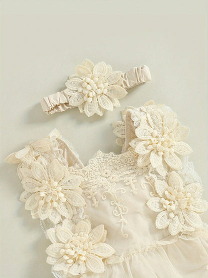 Baby Girls Romper, Summer Sleeveless Square Neck Floral Lace Casual Party Street Bodysuit Tops + Head Band