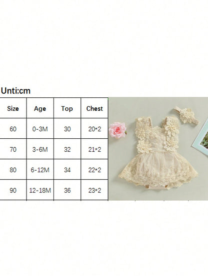 Baby Girls Romper, Summer Sleeveless Square Neck Floral Lace Casual Party Street Bodysuit Tops + Head Band