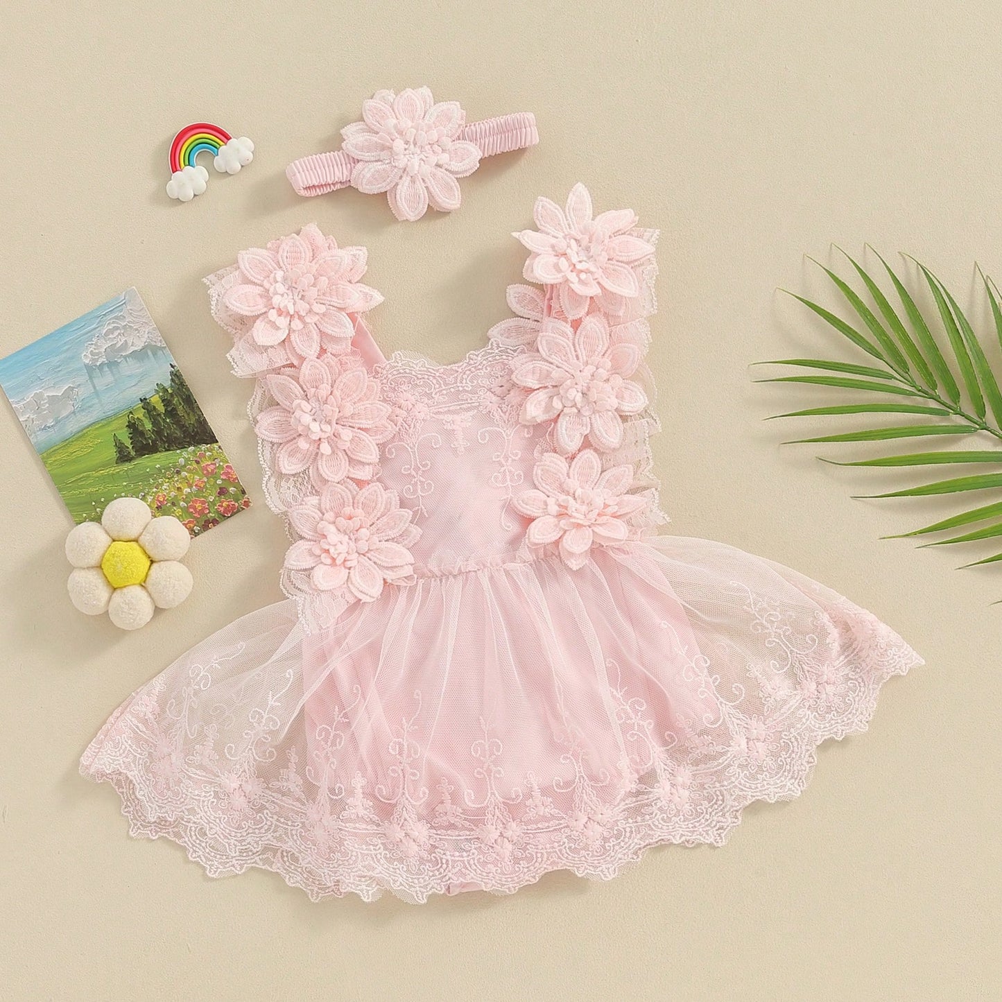 Baby Girls Romper, Summer Sleeveless Square Neck Floral Lace Casual Party Street Bodysuit Tops + Head Band