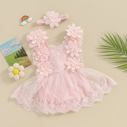 Baby Girls Romper, Summer Sleeveless Square Neck Floral Lace Casual Party Street Bodysuit Tops + Head Band