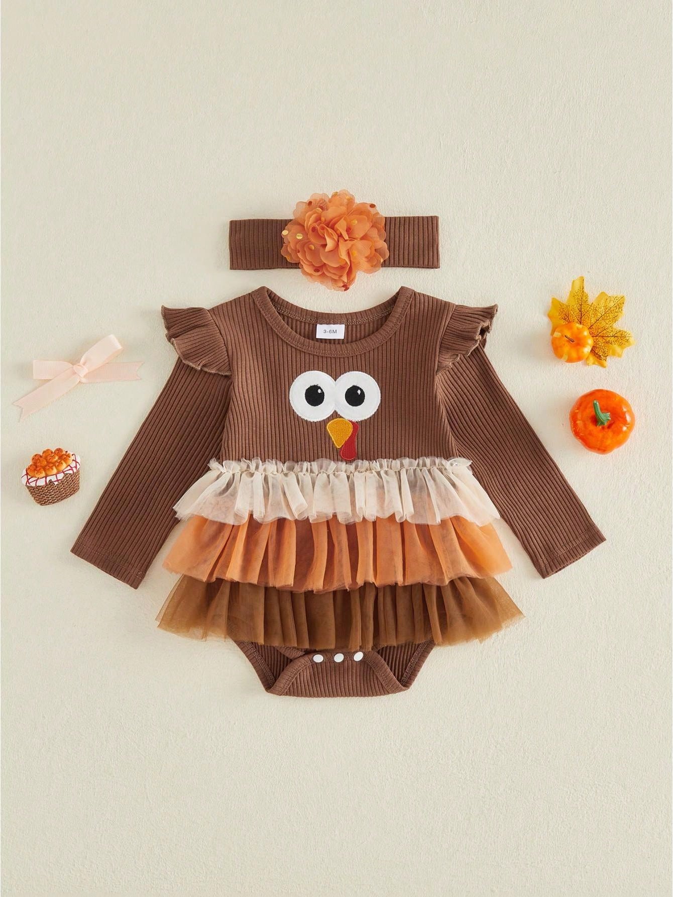 Baby Girls Thanksgiving Outfits Long Sleeve Turkey Romper With Headband