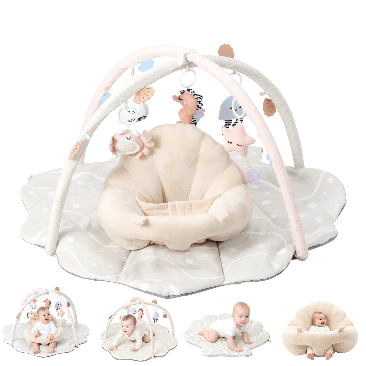 Baby Gym Playmat,Tummy Time Mat,Sit &Play Activity Mat With 6 Detachable Toys,Washable Baby Mat & Toys,Baby Gift For 0-18 Months,Beige