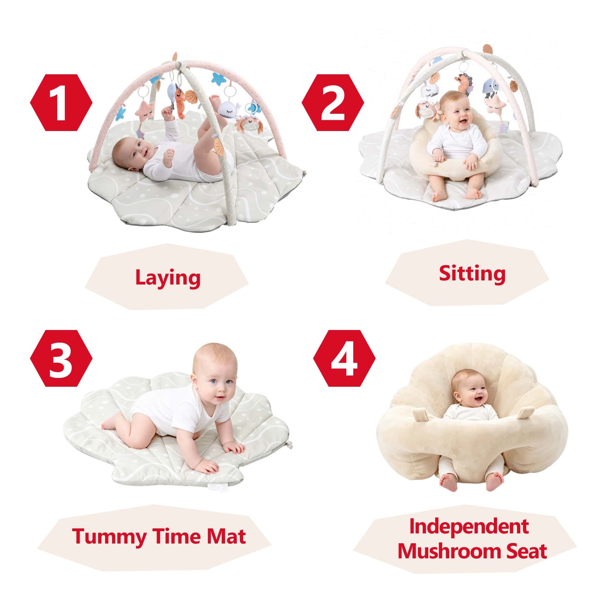 Baby Gym Playmat,Tummy Time Mat,Sit &Play Activity Mat With 6 Detachable Toys,Washable Baby Mat & Toys,Baby Gift For 0-18 Months,Beige