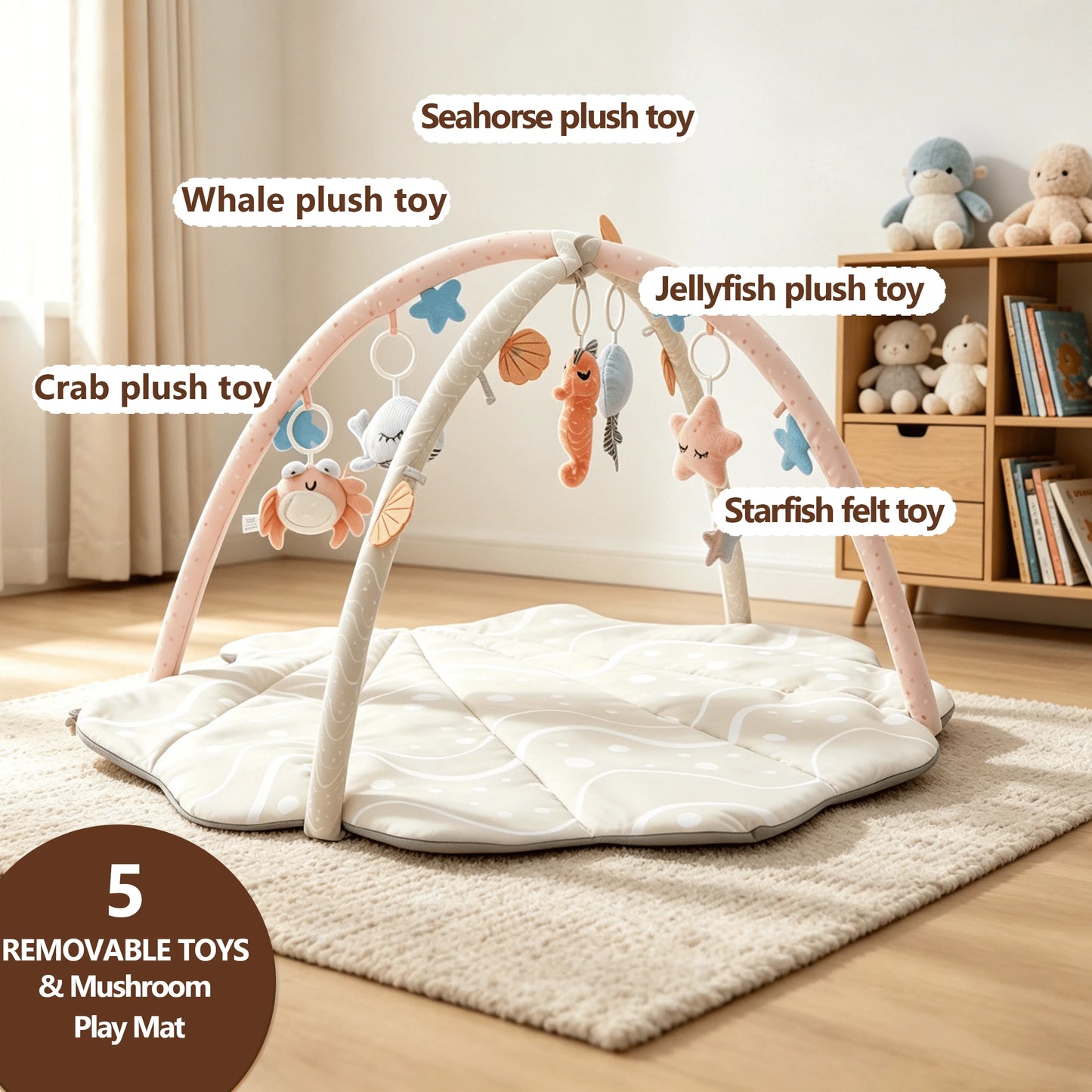 Baby Gym Playmat,Tummy Time Mat,Sit &Play Activity Mat With 6 Detachable Toys,Washable Baby Mat & Toys,Baby Gift For 0-18 Months,Beige